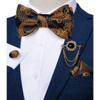 Business Elegant Gold Black Pattern Elegant Wedding Silk Bowtie Men Butterfly Fashion Bow Ties Pocket Square Classic Business Tuxedo Wedding Bowties Handkerchief Set Stevvex