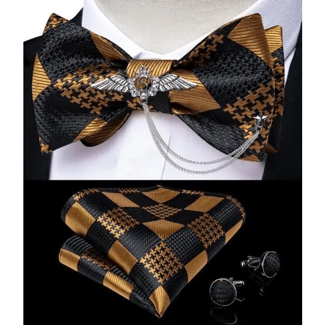 Business Elegant Gold Black Pattern Elegant Wedding Silk Bowtie Men Butterfly Fashion Bow Ties Pocket Square Classic Business Tuxedo Wedding Bowties Handkerchief Set Stevvex