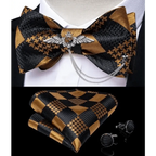 Business Elegant Gold Black Pattern Elegant Wedding Silk Bowtie Men Butterfly Fashion Bow Ties Pocket Square Classic Business Tuxedo Wedding Bowties Handkerchief Set Stevvex