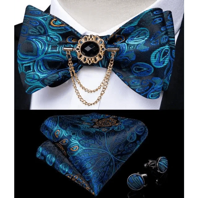 Business Elegant Gold Black Pattern Elegant Wedding Silk Bowtie Men Butterfly Fashion Bow Ties Pocket Square Classic Business Tuxedo Wedding Bowties Handkerchief Set Stevvex
