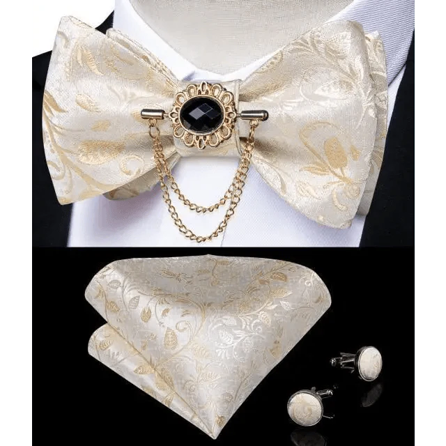 Business Elegant Gold Black Pattern Elegant Wedding Silk Bowtie Men Butterfly Fashion Bow Ties Pocket Square Classic Business Tuxedo Wedding Bowties Handkerchief Set Stevvex