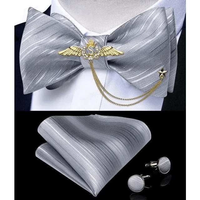 Business Elegant Gold Black Pattern Elegant Wedding Silk Bowtie Men Butterfly Fashion Bow Ties Pocket Square Classic Business Tuxedo Wedding Bowties Handkerchief Set Stevvex
