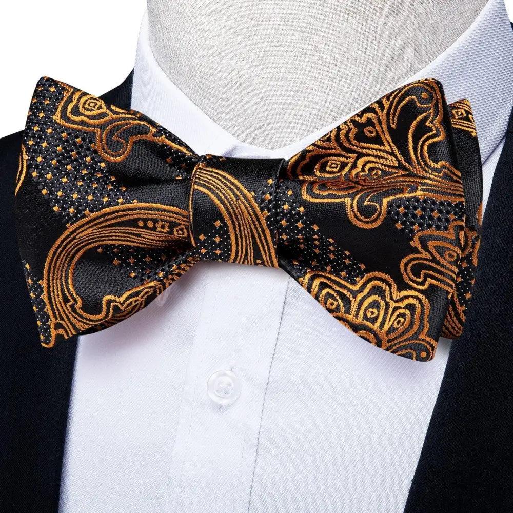 Business Elegant Gold Black Pattern Elegant Wedding Silk Bowtie Men Butterfly Fashion Bow Ties Pocket Square Classic Business Tuxedo Wedding Bowties Handkerchief Set Stevvex