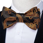 Business Elegant Gold Black Pattern Elegant Wedding Silk Bowtie Men Butterfly Fashion Bow Ties Pocket Square Classic Business Tuxedo Wedding Bowties Handkerchief Set Stevvex