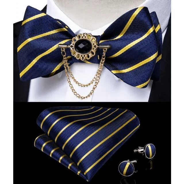 Business Elegant Gold Black Pattern Elegant Wedding Silk Bowtie Men Butterfly Fashion Bow Ties Pocket Square Classic Business Tuxedo Wedding Bowties Handkerchief Set Stevvex