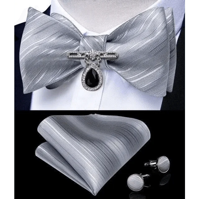 Business Elegant Gold Black Pattern Elegant Wedding Silk Bowtie Men Butterfly Fashion Bow Ties Pocket Square Classic Business Tuxedo Wedding Bowties Handkerchief Set Stevvex
