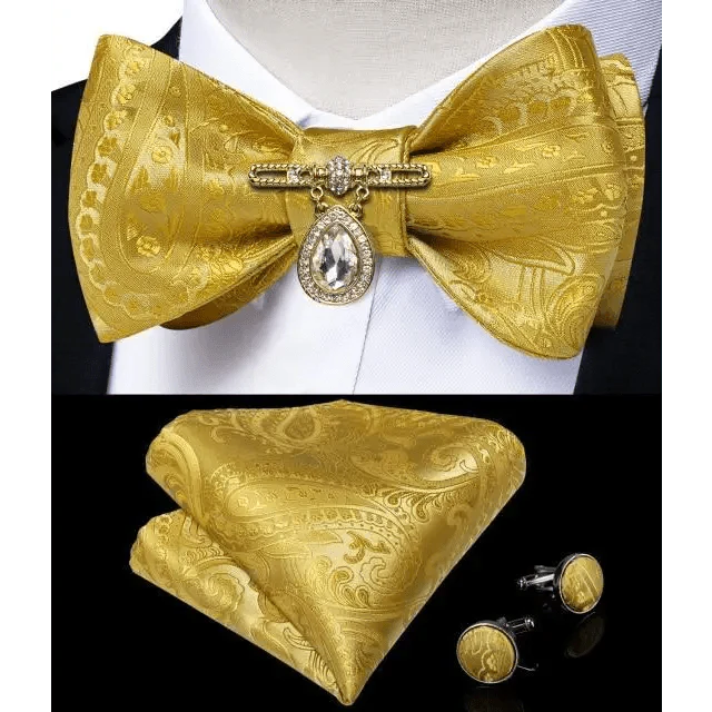 Business Elegant Gold Black Pattern Elegant Wedding Silk Bowtie Men Butterfly Fashion Bow Ties Pocket Square Classic Business Tuxedo Wedding Bowties Handkerchief Set Stevvex