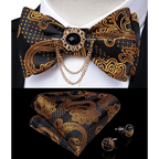 Business Elegant Gold Black Pattern Elegant Wedding Silk Bowtie Men Butterfly Fashion Bow Ties Pocket Square Classic Business Tuxedo Wedding Bowties Handkerchief Set Stevvex