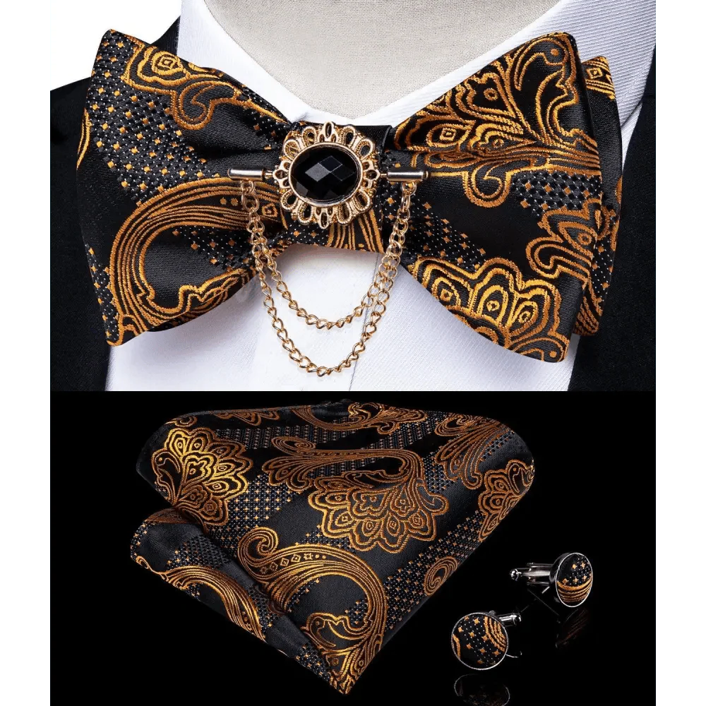 Business Elegant Gold Black Pattern Elegant Wedding Silk Bowtie Men Butterfly Fashion Bow Ties Pocket Square Classic Business Tuxedo Wedding Bowties Handkerchief Set Stevvex
