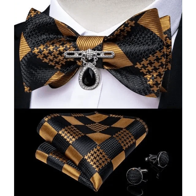 Business Elegant Gold Black Pattern Elegant Wedding Silk Bowtie Men Butterfly Fashion Bow Ties Pocket Square Classic Business Tuxedo Wedding Bowties Handkerchief Set Stevvex