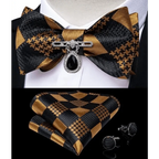 Business Elegant Gold Black Pattern Elegant Wedding Silk Bowtie Men Butterfly Fashion Bow Ties Pocket Square Classic Business Tuxedo Wedding Bowties Handkerchief Set Stevvex
