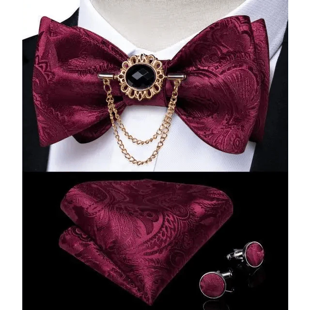 Business Elegant Gold Black Pattern Elegant Wedding Silk Bowtie Men Butterfly Fashion Bow Ties Pocket Square Classic Business Tuxedo Wedding Bowties Handkerchief Set Stevvex