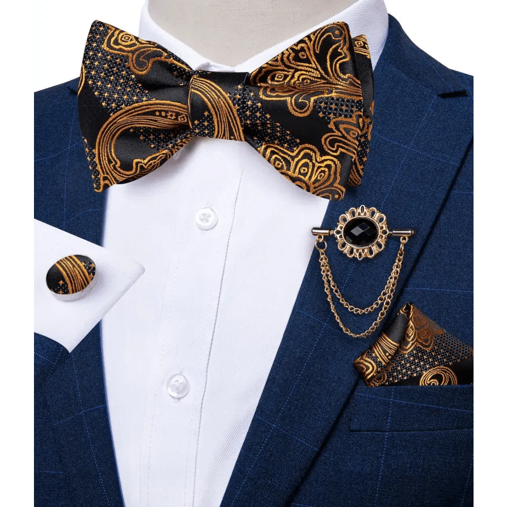 Business Elegant Gold Black Pattern Elegant Wedding Silk Bowtie Men Butterfly Fashion Bow Ties Pocket Square Classic Business Tuxedo Wedding Bowties Handkerchief Set Stevvex