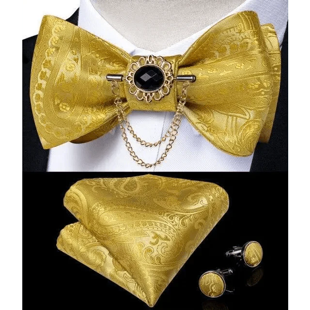 Business Elegant Gold Black Pattern Elegant Wedding Silk Bowtie Men Butterfly Fashion Bow Ties Pocket Square Classic Business Tuxedo Wedding Bowties Handkerchief Set Stevvex