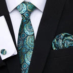 Business Men Silk Necktie Cufflinks Set Luxury Design Necktie With Handkerchief Necktie For Casual And Daily Wear Classic Men Flower Ties Wedding Handkerchief Cufflinks Set Stevvex