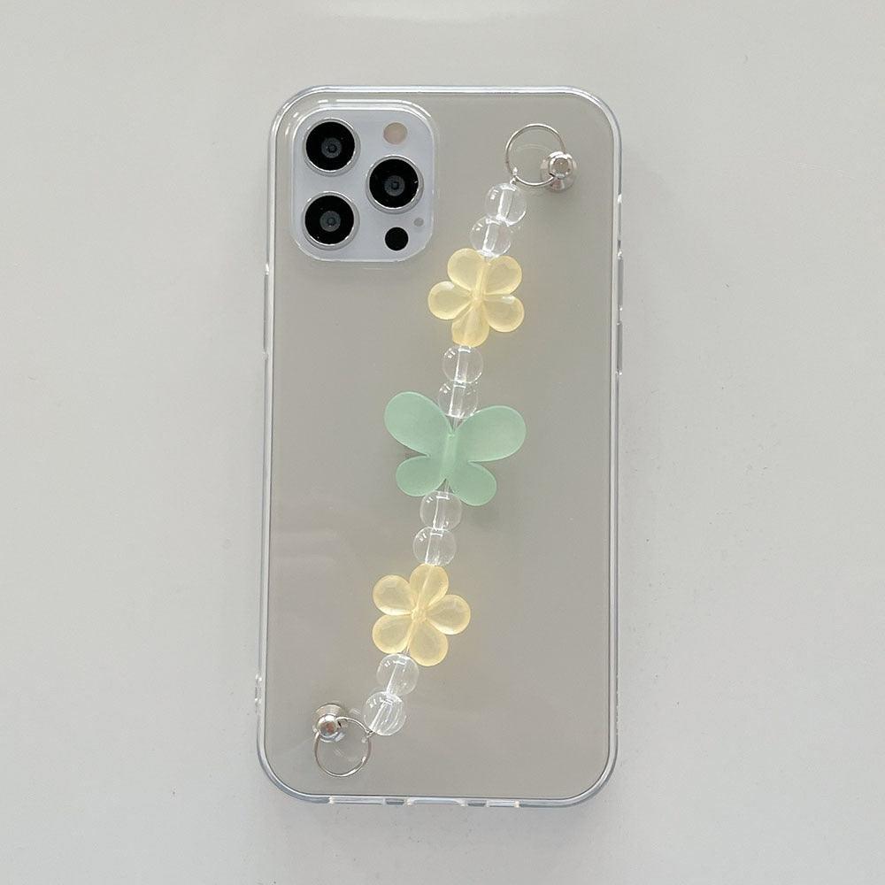 Butterfly Chain Flower Bracelet Chain Phone Case For iPhone 13 12 11 Pro XS Max X XR 7 8 Plus Cute Transparent Back Cover Phone Case For iphone 14Pro 12Mini 13 Pro 6 7 8 plus X XR XS Max SE Soft Fashion Bracelet Clear Protective Cover Stevvex