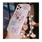 Butterfly Phone Case for iPhone 14 Pro Max 13 12 11 XS XR X 7 8 plus Glitter Clear Covers Bracelet With Lady Pendant Non Moving Dry Fixed Glitter Luxury Shiny Butterfly Wrist Bracelet Chain Soft Silicone Case For Smartphone