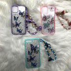 Butterfly Phone Case for iPhone 14 Pro Max 13 12 11 XS XR X 7 8 plus Glitter Clear Covers Bracelet With Lady Pendant Non Moving Dry Fixed Glitter Luxury Shiny Butterfly Wrist Bracelet Chain Soft Silicone Case For Smartphone