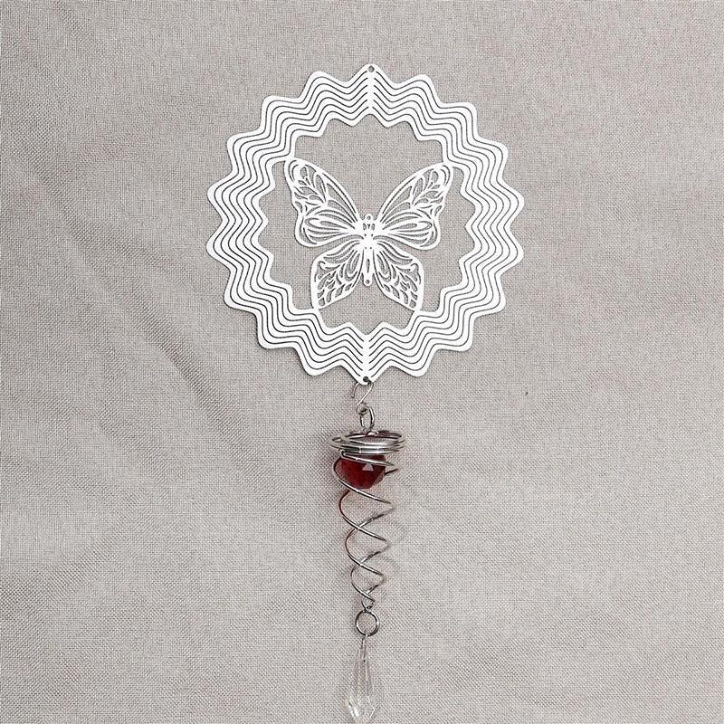 Butterfly Wind Spinner Hanging With Gazing Ball Spiral Tail 3D Metal Rotating Outdoor Stainless Steel Butterfly Metal Wind Chime Christmas Pendant Hanging Spiral Wind-chimes Garden Yard Home Decor Stevvex