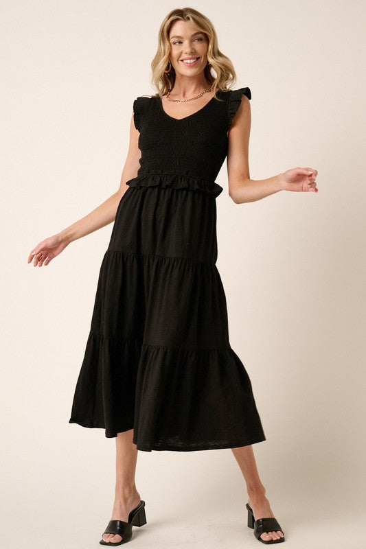 Smocked Ruffled Tiered Midi Dress – Feminine, Romantic, Flattering and Playful Design & Whimsical Style Stevvex