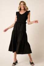 Smocked Ruffled Tiered Midi Dress – Feminine, Romantic, Flattering and Playful Design & Whimsical Style Stevvex