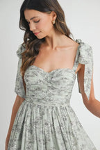 Floral Bust Ruched Midi Dress with Shoulder Tie For Women – Ruched Midi Dress For Summer, Floral Bust Dress, Shoulder Tie Dress, Feminine Midi Dress, Chic Event Dress