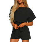 Women's Round Neck Short-sleeved Lace-up Jumpsuit Pi-Mart