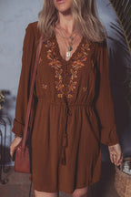 Burgundy Floral Embroidered Tassel Tie Waist Long Sleeve Mini Dress