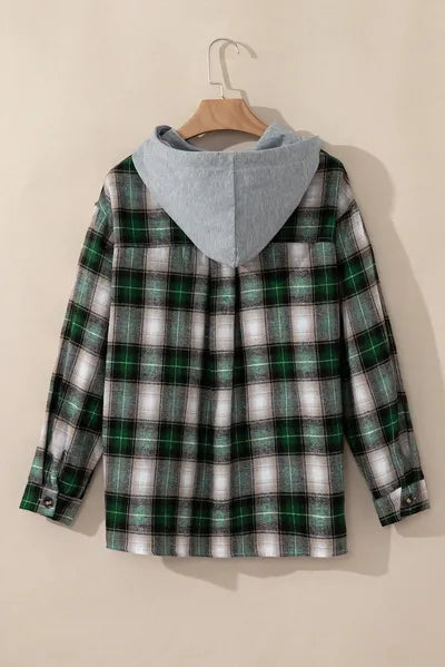Dark Green Drawstring Pocketed Plaid Hooded Jacket Cozy & Trendy Checkered Outerwear For All Seasons Stevvex