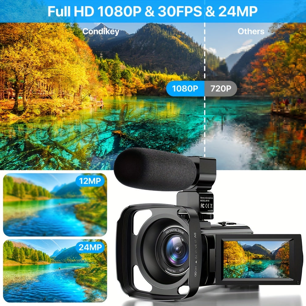Nicamery 16x Efficient Zoom - 1080P HD Camera with Beauty Anti-Shake, External Microphone Support - Full HD 2400 Pixel Webcam Digital Camera with Remote Control, Lens Hood, 1000mah Batteries 2pcs, Ultra Long Life, 32G TF Card Lootquake LLC