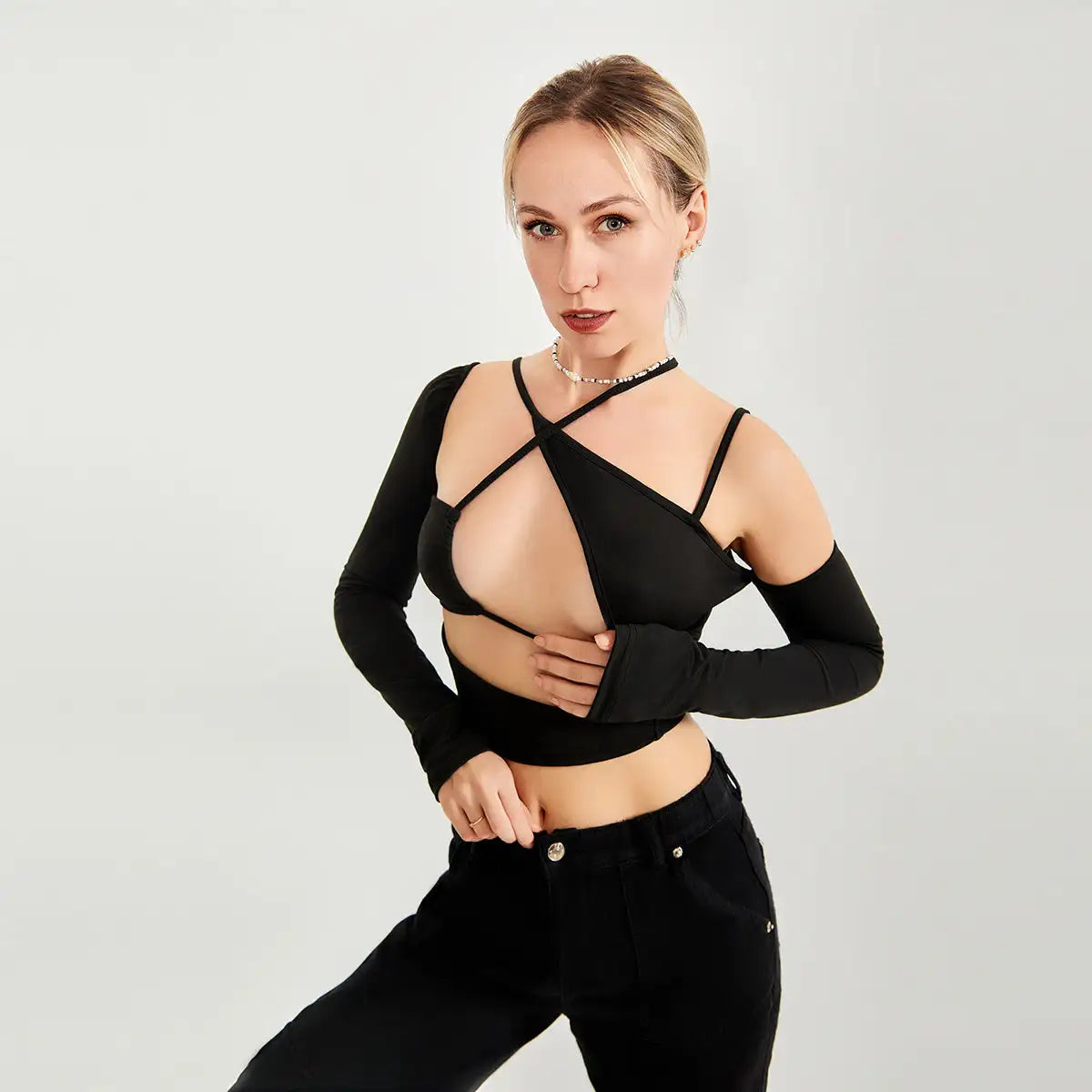 Long Sleeve Top Cut Out Asymmetrical Neck - SJB-DIAMOND ELITES