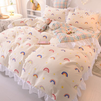 Ins Fashion Solid Cotton Bedding Set with Fitted Bed Sheet Cute Princess AB Double Sided Ruffle Quilt Cover Pillowcase Full Size Pi-Mart