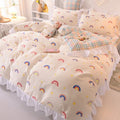Ins Fashion Solid Cotton Bedding Set with Fitted Bed Sheet Cute Princess AB Double Sided Ruffle Quilt Cover Pillowcase Full Size Pi-Mart