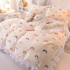 Ins Fashion Solid Cotton Bedding Set with Fitted Bed Sheet Cute Princess AB Double Sided Ruffle Quilt Cover Pillowcase Full Size Pi-Mart