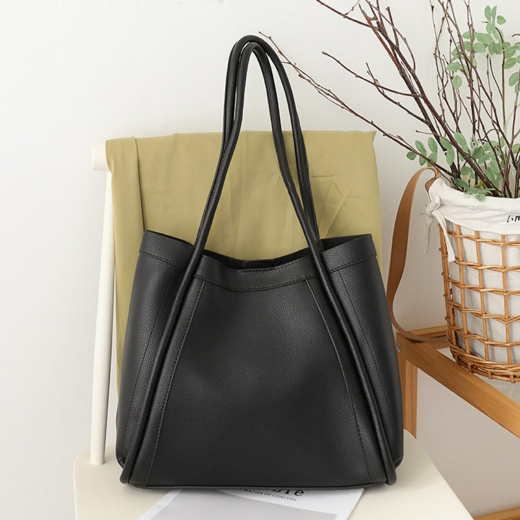 Elegant Large Capacity Tote Bag for Females - Retro Soft PU Shoulder Bucket Bag, Textured Hobo Bag 2 in 1