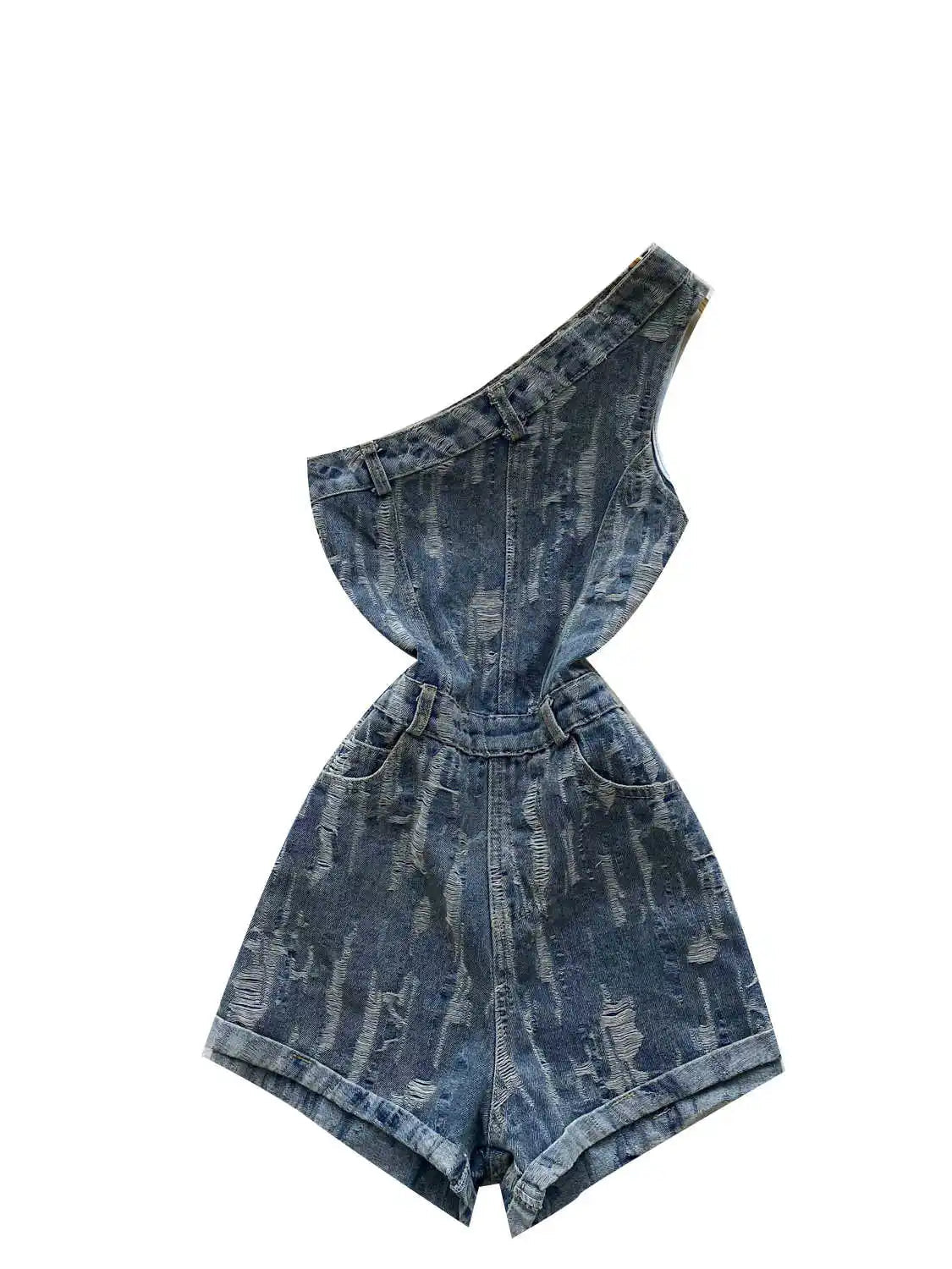Women's Blue Ripped Denim Shorts Jumpsuits 90s Vintage Playsuits Harajuku Off Shoulder Rompers Jeans Pants Ladies Clothes Summer Purplish Diva