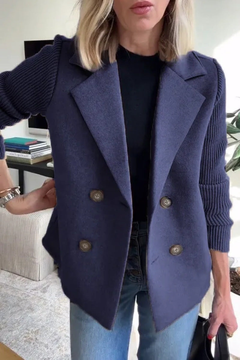 Double Breasted Lapel Jacket Fashion Knitted Sleeves Splicing Design Coat Outerwear Women's Clothing Pi-Mart