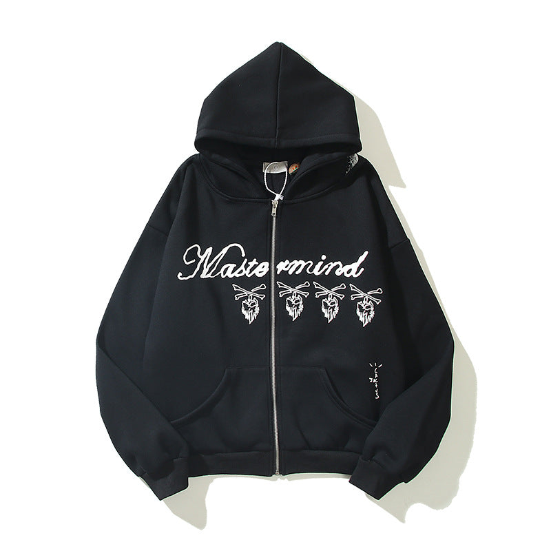 Design Letter Print Skull Burgundy Pullover Zip Jacket Sweatshirt Pi-Mart