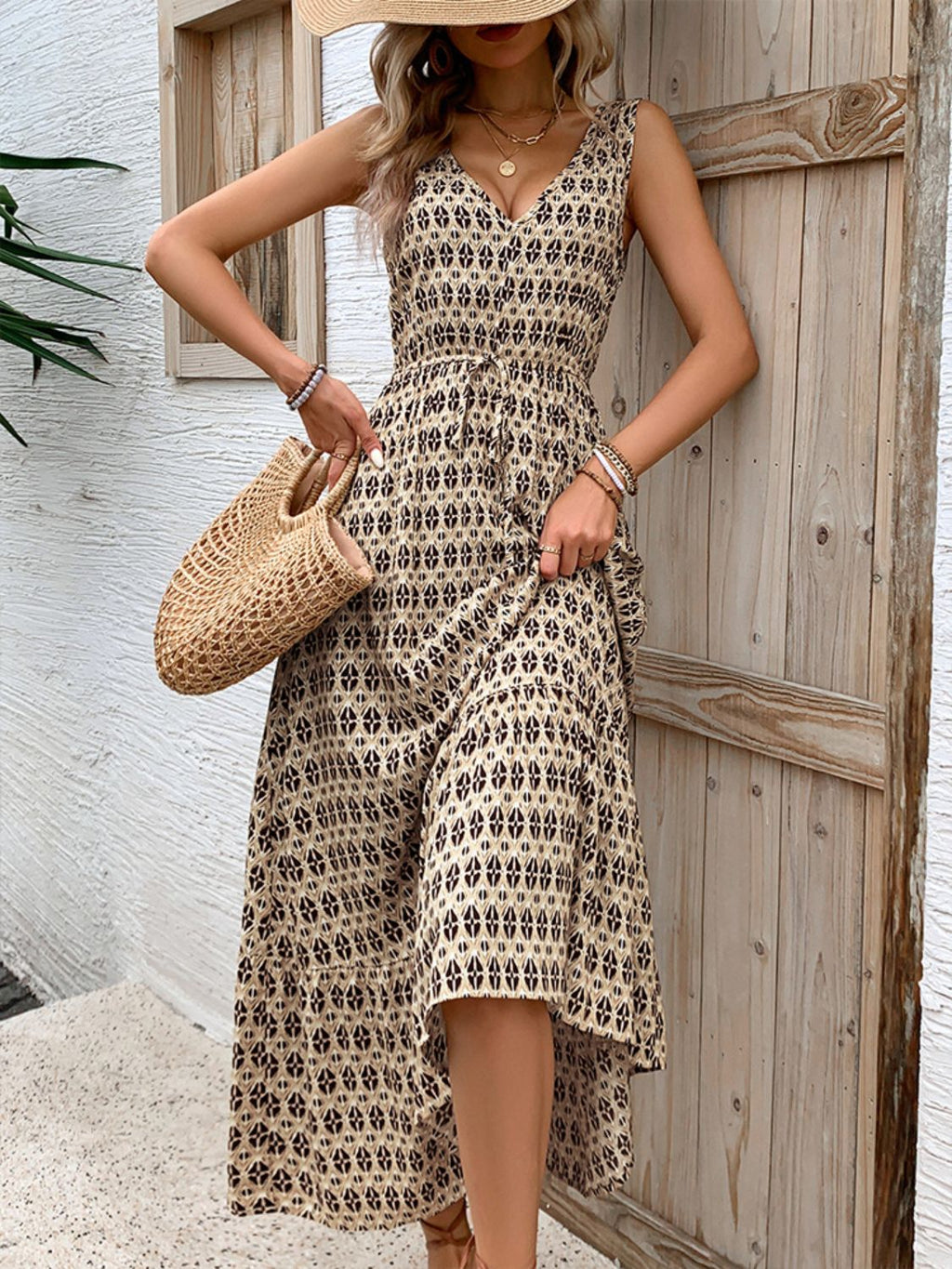Vintage Printed V-Neck Tie Waist Midi Dress Lightweight Trendy & Elegant Dress for Women Stevvex