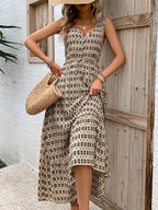 Vintage Printed V-Neck Tie Waist Midi Dress Lightweight Trendy & Elegant Dress for Women Stevvex