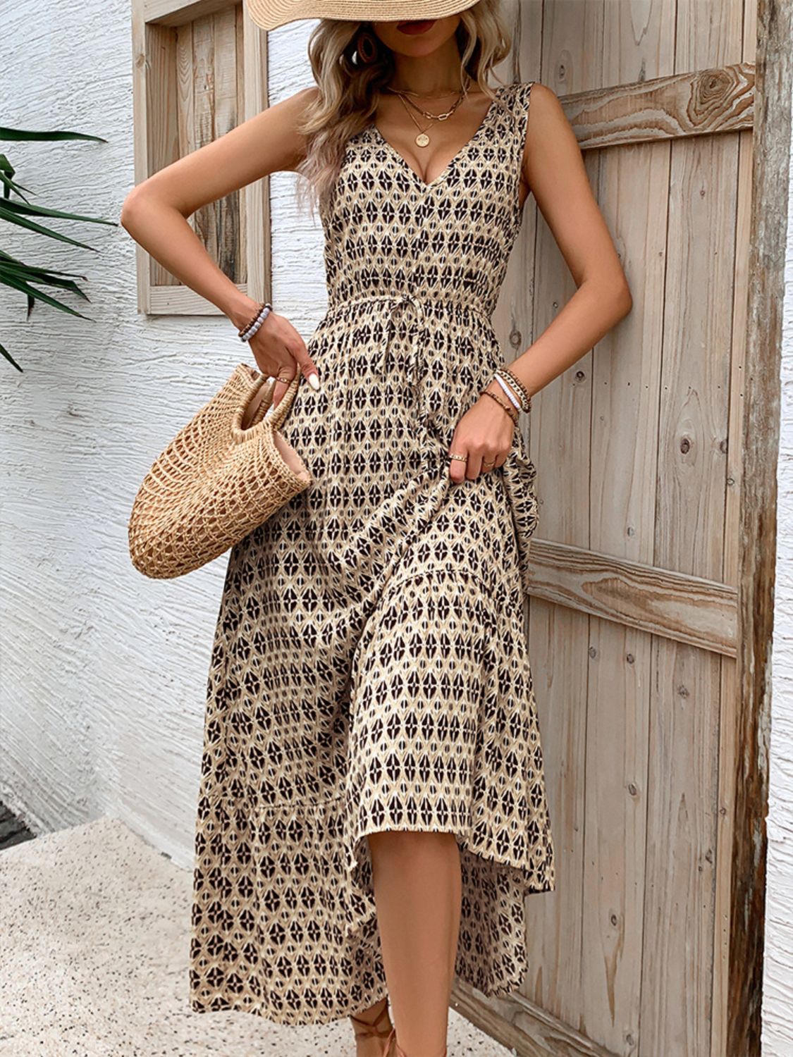 Vintage Printed V-Neck Tie Waist Midi Dress Lightweight Trendy & Elegant Dress for Women Stevvex