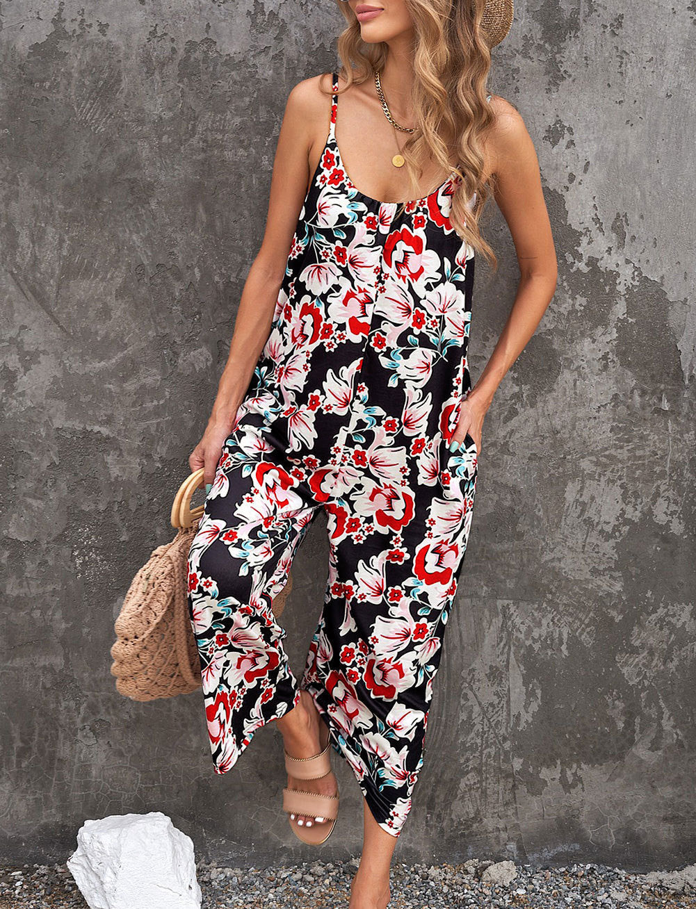 Flowers Print Suspender Jumpsuit With Pockets Spring Summer Fashion Round-neck Overalls For Womens Clothing Pi-Mart