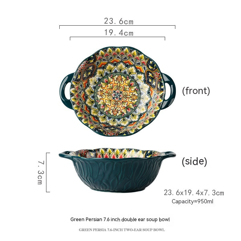 Yellow Green Wave Tree Pattern Flower Hand Painted Underglaze Binaural Ceramic Not Hot Hand Noodle Bowl Pi-Mart