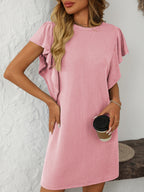 Ruffled Round Neck Short Sleeve Dress Feminine Simple Classic Dress Breathable And Comfy Dress Stevvex
