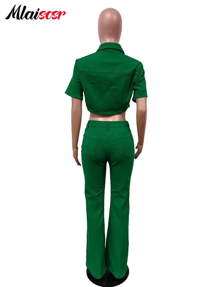 Mlaiscsr Green Denim Baddies Outfits for Women Two 2 Pieces Set Flare Jeans and Crop Top Stretch Suits Birthday Party Clubwear Purplish Diva