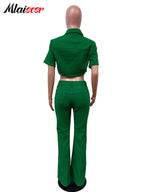 Mlaiscsr Green Denim Baddies Outfits for Women Two 2 Pieces Set Flare Jeans and Crop Top Stretch Suits Birthday Party Clubwear Purplish Diva