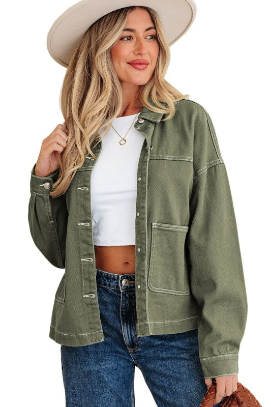 Denim Button-Up Patch Pocket Collared Jacket THRIXINE