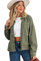Denim Button-Up Patch Pocket Collared Jacket THRIXINE