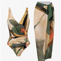 Women's Beach Beach Two Piece Plant Printed V-neck Top Strap Skirt Set - SJB-DIAMOND ELITES