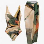 Women's Beach Beach Two Piece Plant Printed V-neck Top Strap Skirt Set - SJB-DIAMOND ELITES